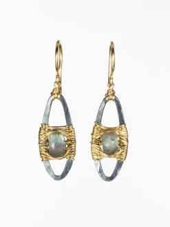 Silver And Gold Earrings With Labradorite .