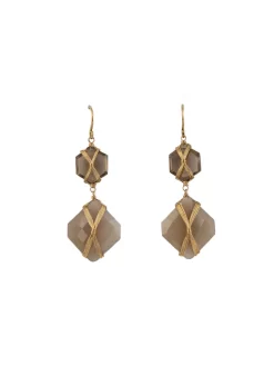 Beige Moonstone, Smokey Quartz And 14k Gold Earrings