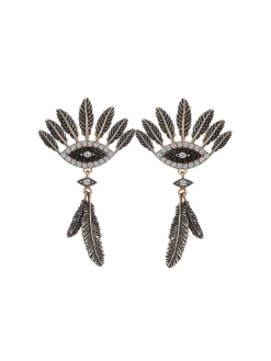 Eye And Feather Post Earrings With White Diamonds