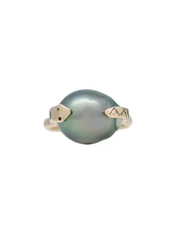 10K Gold Riveted Snake Band With Round Tahitian Pearl Ring