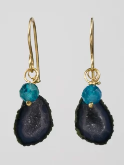 Black Geode Earrings With Mini Apatite Drops