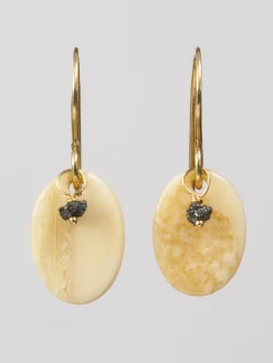 Fossil Ivory Earrings With Raw Black Diamond